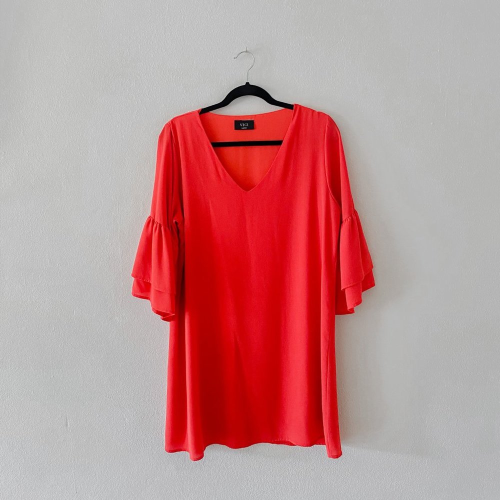 VICI Collection - Red Short Ruffle Long Sleeve Dress